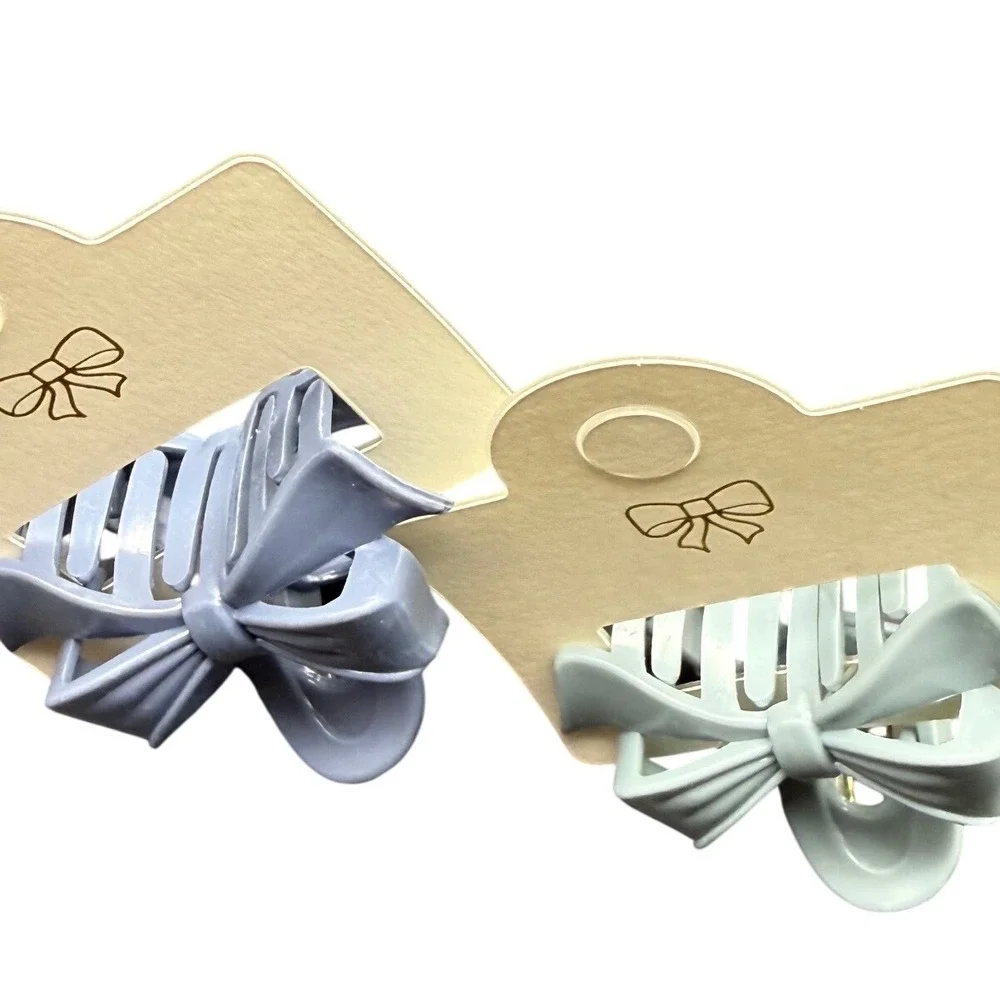 Set of 2 Bow‎ Hair Claw Clips Blue and Green Matte Ribbon Style Hair Accessories